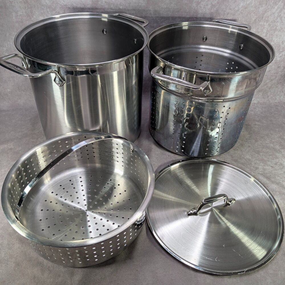 All-Clad Stainless Steel 4-Piece Multi-Cooker Pot Pasta Strainer Steamer & Lid